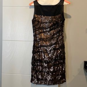 Black mesh and gold sequin cocktail dress